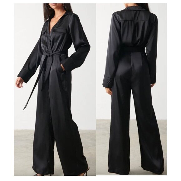 NWT PRETTY LAVISH Carmen Black Satin Jumpsuit Collared V-Neck Button Cuffs SZ 4 - Picture 1 of 14